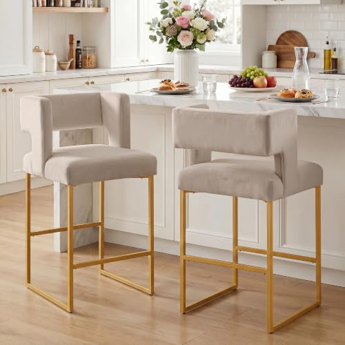 Image of Counter Height Bar Stools Set of 2, Taupe Velvet Bar Chair Gold Leg | 26 inch Seat Height Fits Standard Kitchen Islands, Upholstered Barstools, Back Support, Square Metal Legs, Footrest
