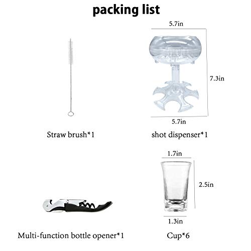 6 Shot Glass Dispenser and Holder Shot Dispenser for Filling Liquids, with 6 cups, bottle opener, straw brush, cocktail dispenser for Bar Parties
