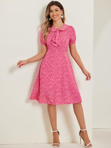 Image of Allegra K Women's Peter Pan Collar Tie Neck Short Sleeves A-Line Elegant Belted Vintage Floral Dress