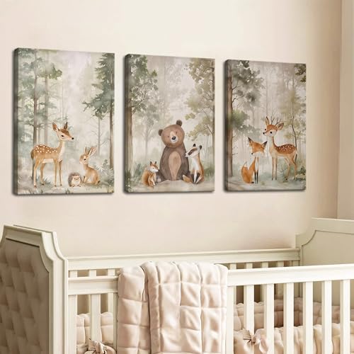 Nursery Canvas Wall Art Set of 3 - Woodland Wild Animals Bear Fox Deer Watercolor Paintings Pictures Wall Decor, Forest Animal Decor for Boys Girls Room Decoration 12x16 inch Framed by BGFCE - Used condition - Image 7