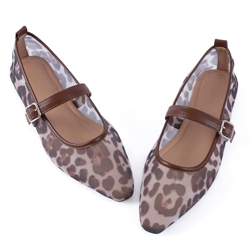 N.N.G Women Mary Jane Flats Adjustable Strap Casual Daily Walking Party Summer Breathable Comfort Shoes, Leopard Print, Size 8