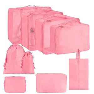 Travel Bag Organiser Set, Luggage Suitcase Storage Bags Packing Travel Cubes for toiletries, Shoes, Clothing, Underwear, Lightweight Compact Organizers (Pink – 9PCs Packing Organiser Bags)