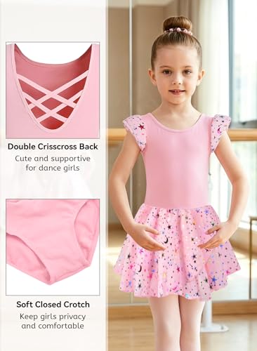 Image of DANSHOW Ballet Leotards for Girls Dance Skirted Leotard Kids Ballet Tutu Dress Toddler Shiny Ruffle Sleeve Dancewear