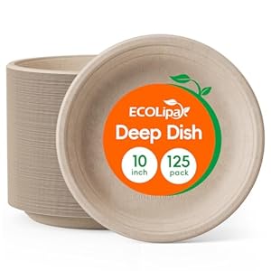 ECOLipak 125 Pack Paper Plates 10 inch Deep Dish 100% Compostable Plates Heavy-Duty Dinner Plates Disposable Bagasse Natural Biodegradable Eco-Friendly Sugarcane Plates(Brown)
