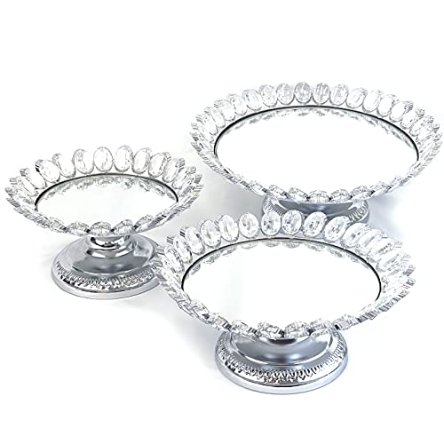 Image of allgala 3-Piece Set Crystal Silver Plated Cheese Dessert Cupcake Cake Stand with Mirror Plate-Silver Lotus-HD89208