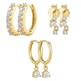 AUNEK Set de 3 Pares de Pendientes de Aro Huggie en Tono Dorado para Mujer, Pequeños Aros Delicados, Pendientes con CZ y Colgantes, Joyería Ligera, en Caja de Regalo
