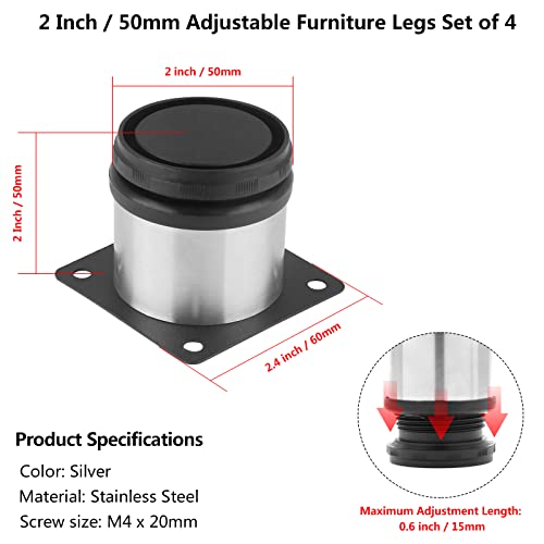 Qjaiune Adjustable Furniture Legs 2 Inch / 50Mm Sofa Legs Set Of 4, 2 Inch Dia Round Stainless Steel Metal Cabinet Feet Couch Foot Replacement For Chair Dresser & Coffee Table Diy (Silver) #TOP3