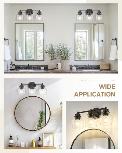 Image of Emak 3-Light Bathroom Vanity Lights Over Mirror, Modern Bathroom Light Fixtures with Clear Glass Shade, Black Vanity Light for Bath, Makeup Desk, Mirror, VL122-BK-CG-3