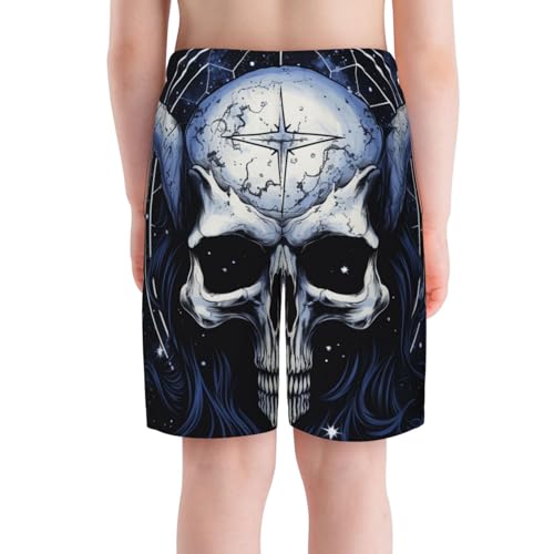 Boys Beach Board Shorts Swim Trunks Teen Kids Quick Dry Bathing Suits, Skull Starry Sky Pentagram Demon Art4