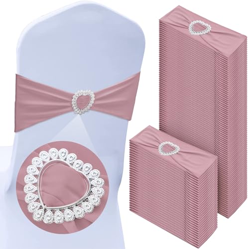 VitalCozy 100 Pcs Spandex Chair Sashes with Heart Buckle Slider,Dusty Pink