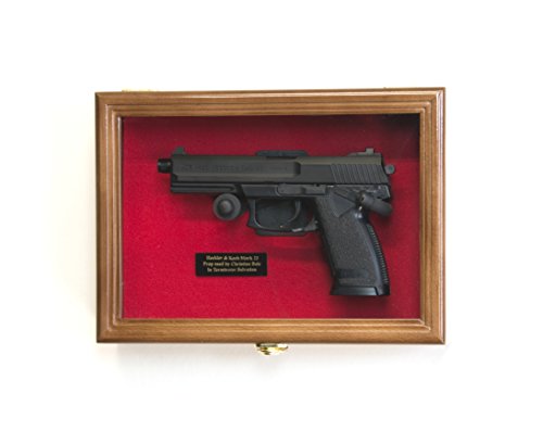 Single Pistol Display Case Wall Mount Solid Hardwood Cabinet (Walnut Finish, Red Felt Background)