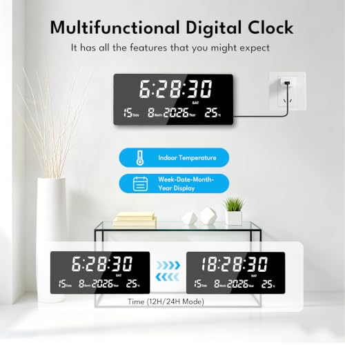 Reloj de pared LED para salon cocina y oficina con pantalla de temperatura y calendario 4