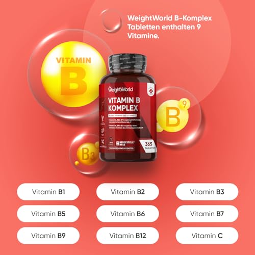 Vitamin B Komplex - 1 Jahr Vorrat - 365 Vitamin B mit Vitamin C Tabletten - Alle 8 B Vitamin B12, B1, B2, B3, B5, B6, B7, B9 - Mit Ascorbinsäure, Biotin, Folsäure - Vegane B Complex - WeightWorld