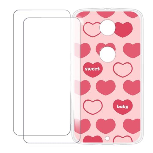 UOGNADGD Compatible with Google Nexus 6 Case Colorful Custom Cover with 2 Pack Tempered Glass Screen Protectors - Shockproof Scratch-Resistant (Pink Heart)