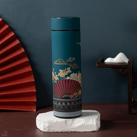 Insulated Coffee Tea Travel Thermos Mug Water Bottle with Removable Strainer and Temperature Featuring Elegant Asian Art Design - 16.9 fl oz (Teal) Cover