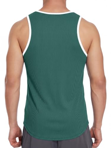 Crastimo Men's Ribbed Racerback Tank Top Stretchy Color Block Trim Slim Fit Sleeveless Shirt Workout Green S — view 2