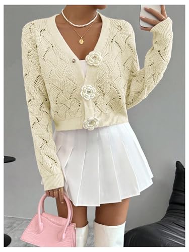Image of GORGLITTER Women's Crochet Button Up Cropped Cardigan Cute Floral Long Sleeve Knit Sweater Tops Dressy Going Out Outfits