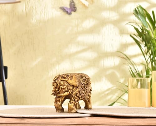 Image of Xtore Ornate Golden Elephant Figurine | Intricately Carved Traditional Sculpture | Luxury Home Accent | Cultural Decorative Statue - (Pack of 1, Gold)