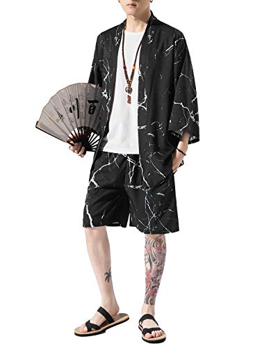 PRIJOUHE Men's Casual 2 Piece Summer Outfits Stylish Japanese Kimono With Shorts Lightweight 3/4 Sleeve Beach Robe Set - Thumbnail 6