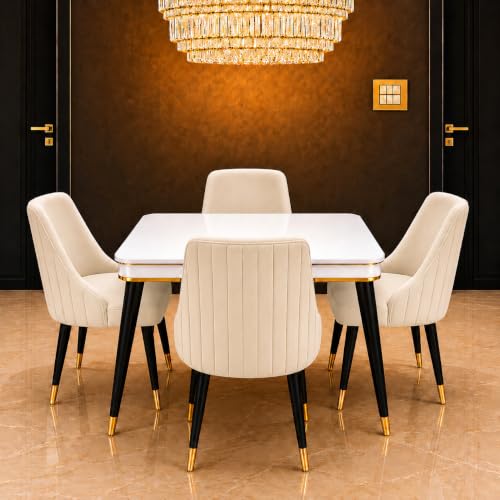 Image of WOODEN SPACE 4 Seater Wooden Dining Table Set | Urban Marble Top Dining Table with Chairs for Dining Room & Kitchen (Modern Infinity Backline Beige) (42 x 42 x 30 inch)