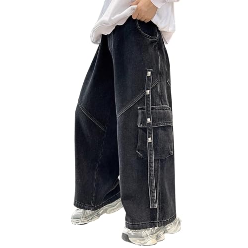 Girls Boys High Waisted Cargo Jeans Kids Straight Wide Leg Stretch Baggy Vintage Trousers Jean Y2K Casual Loose Denim Pants