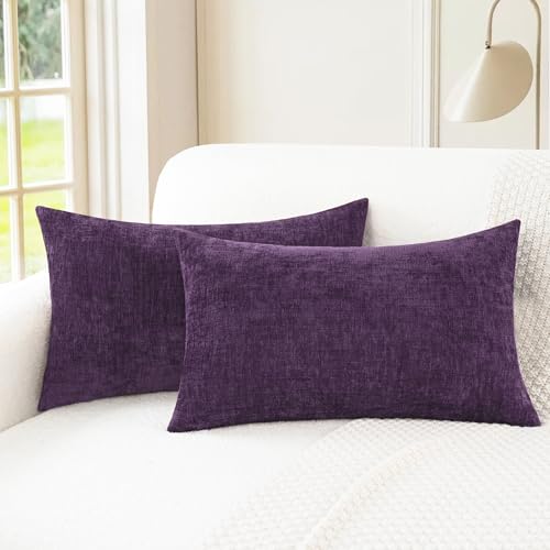 Image of CaliTime Pack of 2 Cozy Bolster Pillow Covers Cases for Couch Sofa Home Decoration Solid Dyed Soft Chenille 12 X 20 Inches Plum Purple