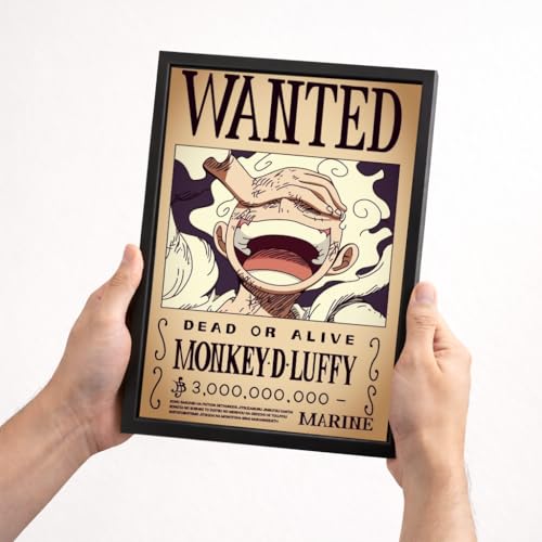 Image of Aniculture Framed Anime Poster, 8x12 Inch, Black Synthetic Wood Frame, Gloss Lamination, 300 GSM Ultra HD Print, Shatter-Resistant, for Home and Gaming Room Decor (Luffy Wanted Poster)