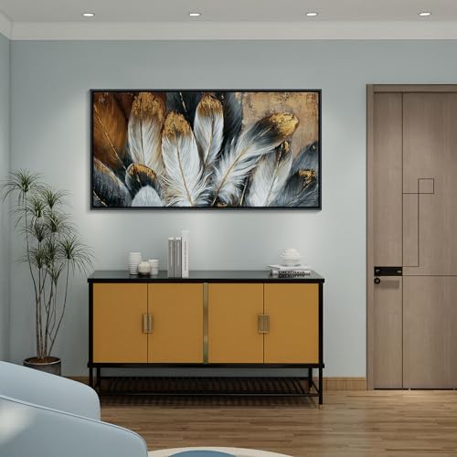 Image of Framed Feather Canvas Wall Art Modern Living Room Bedroom Wall Decoration Large Canvas Painting Artwork for Home Decor White Gold Brown Feather Picture 24x48 Size