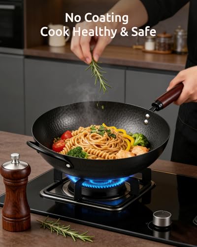 Image of FGJ Wok Pan, Carbon Steel Wok, Woks & Stir-Fry Pans Nonstick, 13 Inch Wok Pan with Wooden Lid, Pre-Seasoned Carbon Steel Cookware, 5.8QT Flat Bottom Chinese Wok Pan, Compatible with All Cooktops