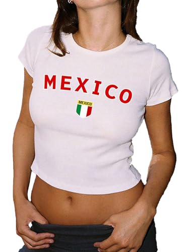 Women's Graphic Baby Tees Shirts Slim Fit Short Sleeve Brazil Shirt Mexico Crop Top 2000s Vintage Going Out Tops