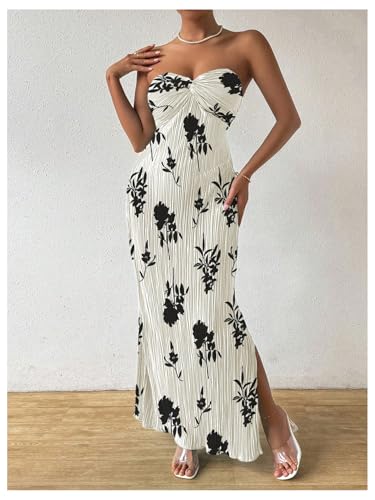 Image of Milumia Women's Twist Front Strapless Bodycon Dress Summer Split Thigh Maxi Tube Dresses Vacation Outfits