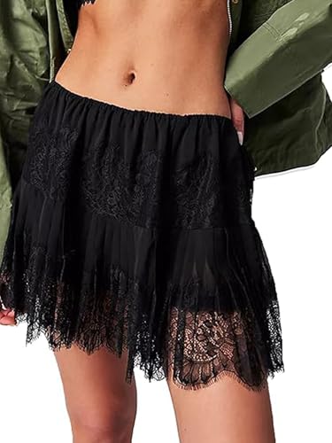 Women Lace Mesh Pleated Mini Skirt Y2k Flowy Layered Ruffle Skirt Solid Color Flower Embroidery Mid-Rise Skirt