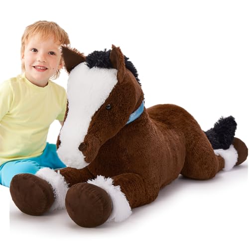 Tezituor 35Inches Large Horse Stuffed Animal, 3 Feet Realistic Stuffed Pony Plush Toy, Hugging Soft Chocolate Horse Plush Body Pillow Gift for Kids Girlfriend