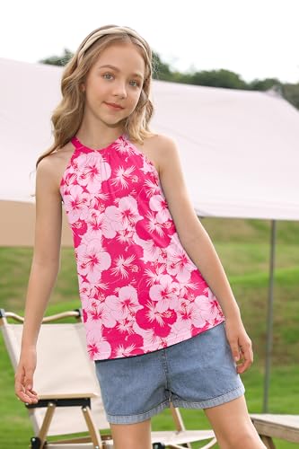 Image of BesserBay Girls Summer Back Button Halter Neck Tank Top Cold Shoulder Casual Blouse Pleated Sleeveless Shirts 5-14 Years