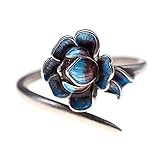 Vintage 925 Sterling Silver Enamel Lotus Flower Ring Cloisonne Jewelry Ring for Women Girls Open and Adjustable