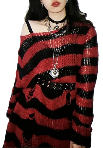 URAWESO Goth Distressed Striped Punk Sweater for Women Long Sleeve Hole Ripped Grunge Pullover Top Red and Black