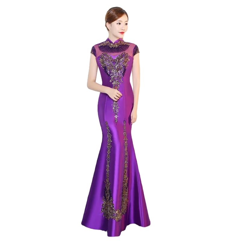 OLEETS Vestido Chino De Mujer - Moderno Mejorado Sexy Qipao Mujeres Delgado Largo Tradicional Chino Oriental Boda Vestidos De Noche Elegante Retro Bata para Fiesta Ropa De Boda