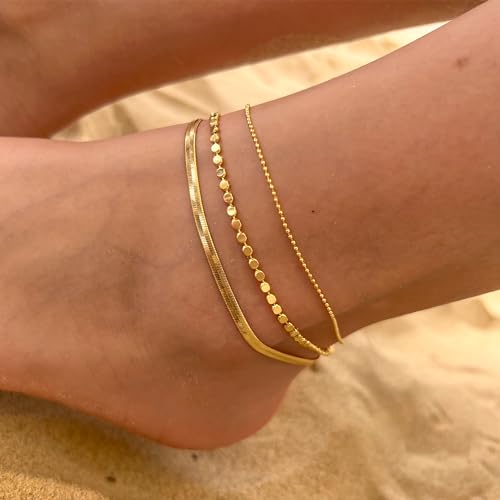 Image of Risamil 14K Gold Plated Ankle Bracelets for Women, Anklets for Women Waterproof Layered Ankle Bracelets for Women Teen Girl Herringbone Anklet Set Summer Foot Jewelry Gifts
