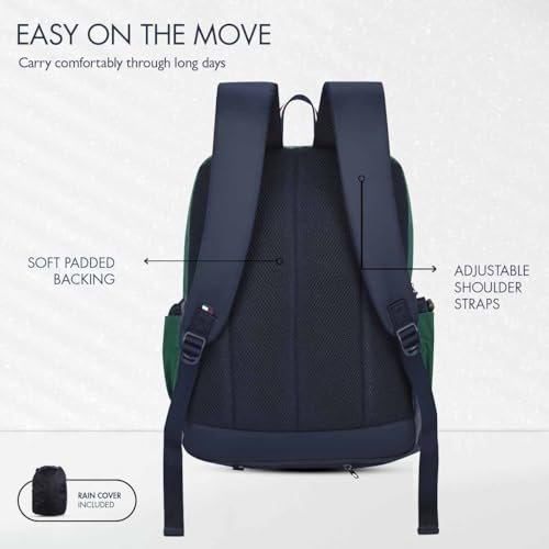 Image of Tommy Hilfiger Professional School Backpack Stud - Ornamental Green+Navy | Durable Water-Resistant Bag for Teens with Signature Metal Logo | 3 Compartments | Integrated Rain Cover | 30L Capacity
