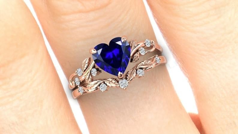 Generic Blue Sapphire Engagement Ring Set For Women Blue Gemstone Wedding Ring Set Hear Shaped Blue Sapphire Bridal Ring Set