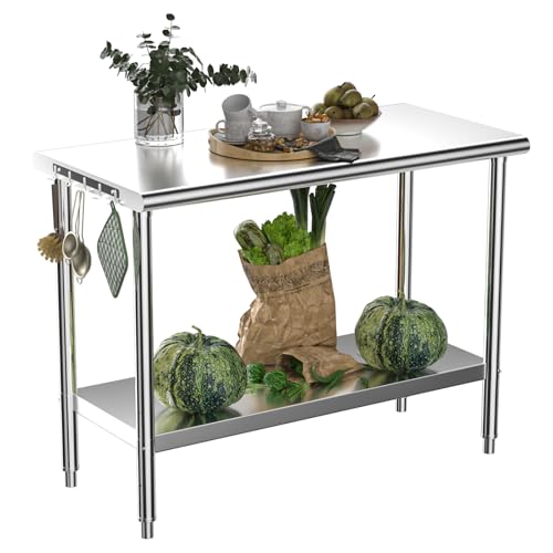 Image of Stainless Steel Table 24x48 Inch Dual Shelf Heavy Duty Prep Table - NSF Certified Fixed Metal Work Table, Kitchen Island, Commercial Food Prep Station for Restaurant, Home & Outdoor