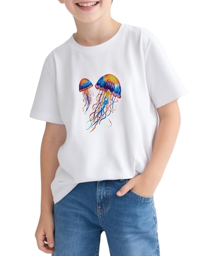 Kids White T Shirt Cute Short Sleeve Tshirt for Girls Jellyfish Graphic Crewneck Tees Boy & Girl Toddler Loose 2-8T2
