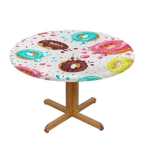 Yinron Food Dessert Round Table Cloth Pink Chocolate Lemon Blue Mint Glaze Falling Donuts Elastic Edged Table Cover Fade And Stain Resistant Table Cloths Easy To Clean Fits Tables 40-44" Diameter