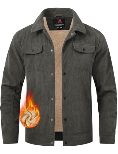 Image of TBMPOY Men's Corduroy Jacket Fleece Sherpa Winter Trucker Work Cargo Coat | Warm,Thick,5 Pockets,Turn-down Collar,Casual,Travel