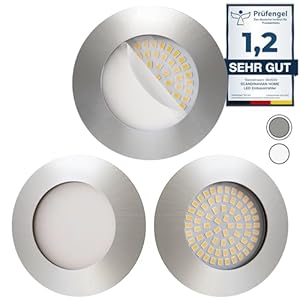 Scandinavian home 3er Set LED Einbaustrahler 230V 4,5W Warmweiß 60mm – 70mm I Badezimmer geeignet I CRI 90 500lm 3000K 68mm I Edelstahldesign mit Milchglas I LED Spot Deckeneinbauleuchte flach