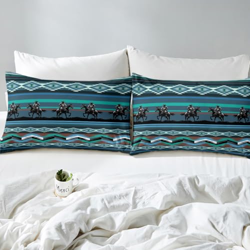 Southwestern Bed Sheet Set Double Western Fitted Sheet for Kids Boys Girls Decor Cowboy Print Bedding Set Tribal Horse Blue Bed Cover Deep Pocket Bedroom - Image 4