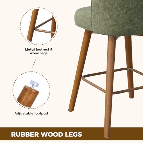 Image of Modern Swivel Bar Stools Set of 4, Chic Upholstered Counter Height(26IN) Bar Chair with Back, Solid Wood Legs and Footrest, Comfortable Chenille Bar Stool for Kitchen Island, Soft Green