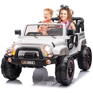 JOYLDIAS 2-Seater Ride On Truck and Car Cover, 12V7AH Battery Powered Toys Car for 2 Kids with Remote Control, Music, MP3, Bluetooth, LED Lights, 3 Speeds, Spring Suspension for Boys and Girls, White