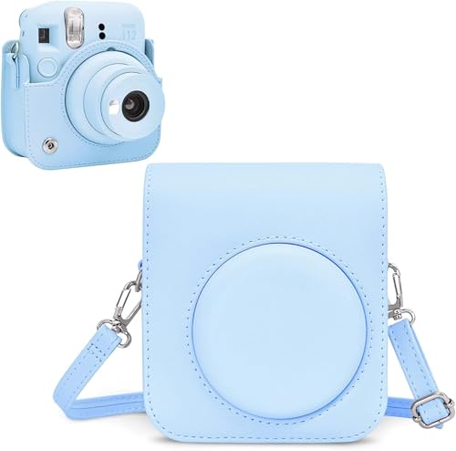 Image of Breatoi PU Leather Camera Case for Mini 12 - Rainproof, Soft, and Stylish in Pastel Blue with Adjustable Shoulder Strap