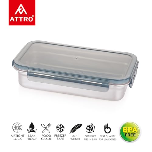 Image of Attro Steelox Rectangle Stainless Steel Container with Plastic Seal Lid BPA Free Food Grade Leak-Proof Ideal for School, Office & Outdoor Lunch Pack - 560ml Grey